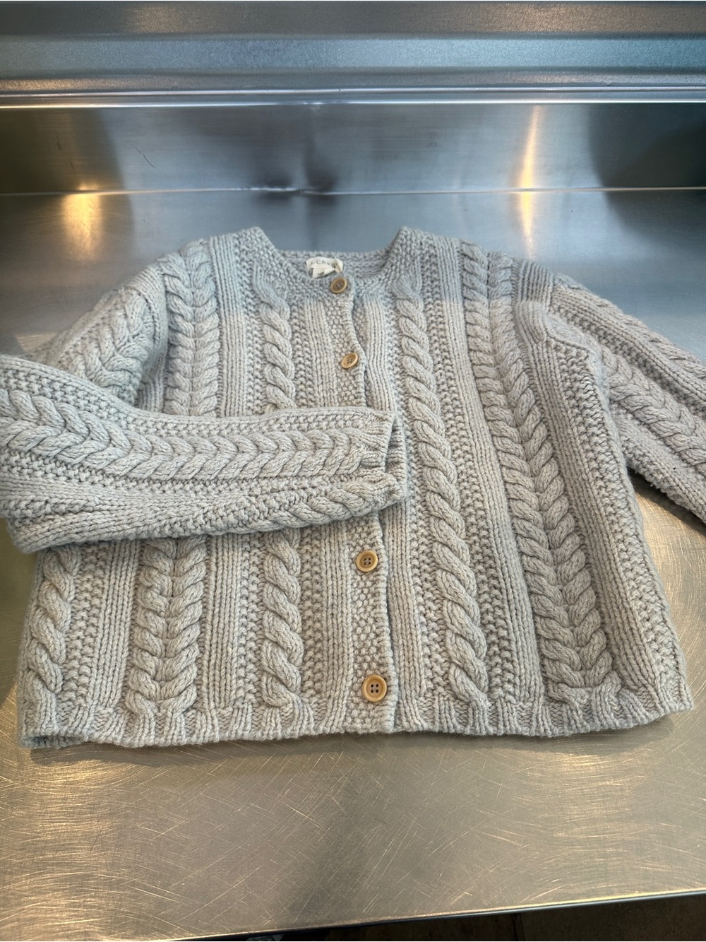 Vintage J.Crew Wool Shetland Chunky Cable Knit Blue Boxy Sweater Cardigan M/L - Picture 3 of 10